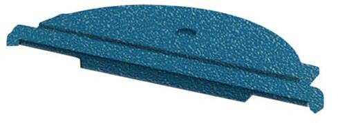 Ein blaues, halbkreisförmiges Objekt mit einer flachen Kante und einer mittigen Öffnung. Es könnte ein technisches Bauteil sein.