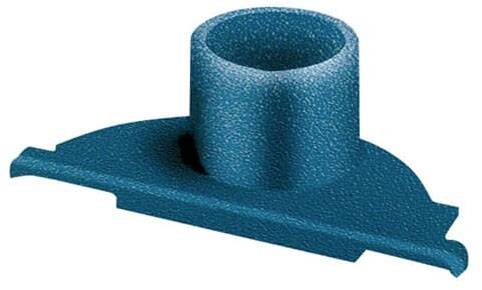 Blauer Kunststoffflansch mit zylindrischem Aufsatz, verwendet als Bauteilverbindung in mechanischen Anwendungen.