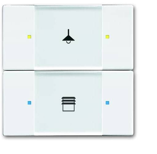 Zwei Lichtschalter: Oben mit Symbol für Deckenlampe, unten mit Symbol für Lüfter. Tasten jeweils von LED-Leuchten flankiert.