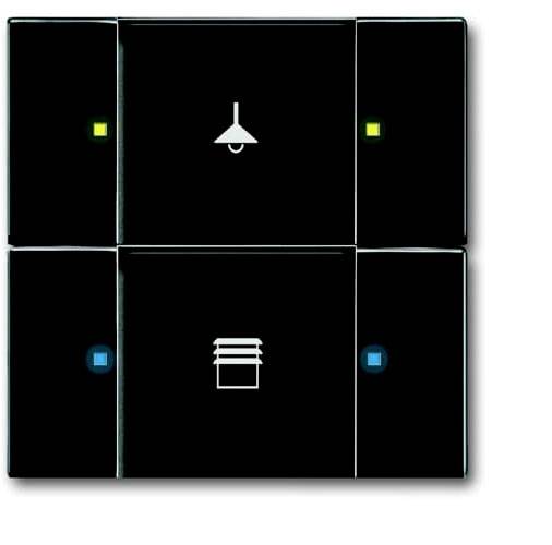 Schalterpanel mit Symbolen: Oben Mitte eine Lampe, unten Mitte Jalousien. LED-Anzeigen in den Ecken, grün oben, blau unten.