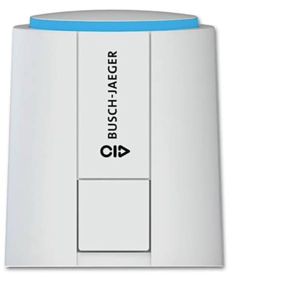 Ein weißer elektrischer Schalter von Busch-Jaeger mit einem leuchtend blauen Rand oben.