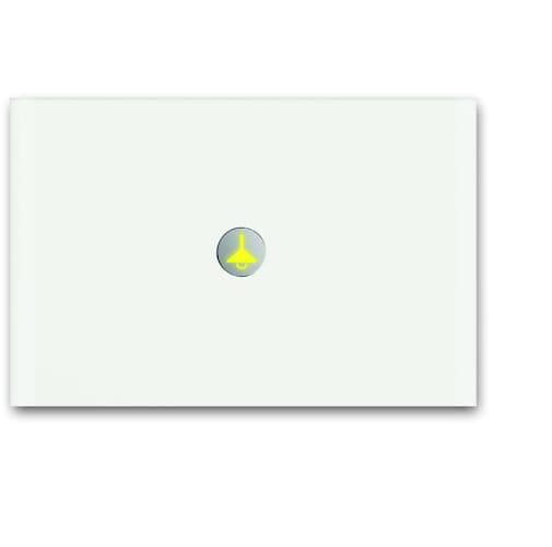 Eine einzelne Türklingeltaste auf weißem Hintergrund, gekennzeichnet durch ein Glockensymbol in gelb.