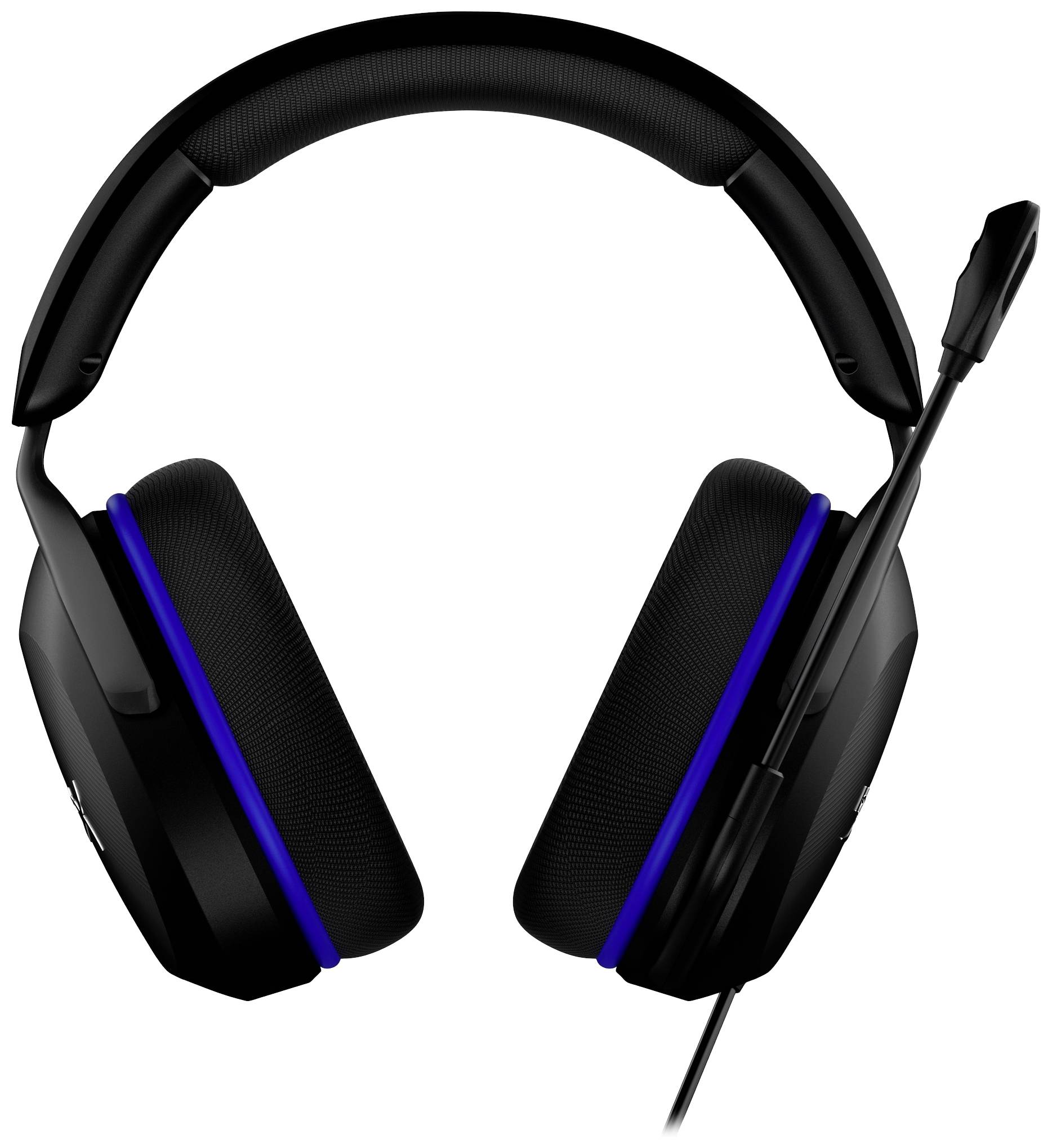 Schwarzes Gaming-Headset mit blauem Akzent und Mikrofon, von vorne gesehen. Ideal für Gamer zur Kommunikation und Klangoptimierung.