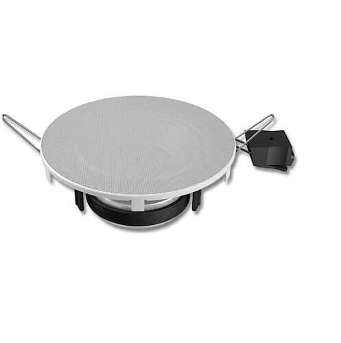 Ein runder Einbaulautsprecher mit Metallgitterabdeckung, Montageklammern und einer schwarzen Verkabelungsbox an der Seite.