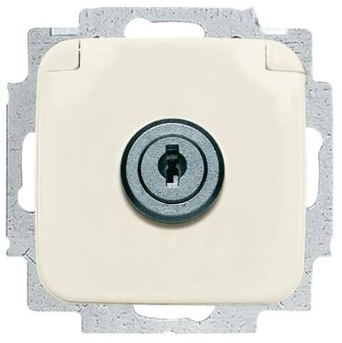 Ein weißer Lichtschalter mit Schloss, eingebaut in eine Metallhalterung. Hauptfunktion: Lichtsteuerung und Zugangskontrolle.