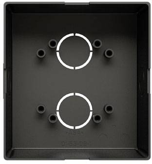 Schwarze, quadratische Abdeckung mit acht Schraubenlöchern und zwei kreisförmigen Öffnungen für die Kabeldurchführung in der Mitte.