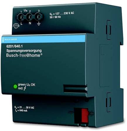 Spannungsversorgungseinheit von Busch-free@home, Modell 6201/640.1, mit LED-Anzeigen für Spannung und Fehlermeldung.