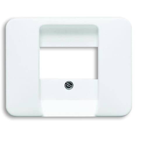 Weiße rechteckige Kunststoffabdeckung mit quadratischer Öffnung und zentral platziertem Schraubenloch, für Elektroinstallationen.