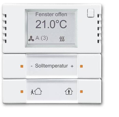 Digitaler Thermostat zeigt 'Fenster offen' und 21,0°C. Darunter Tasten zur Solltemperatur-Einstellung und Hausmodi-Symbole.