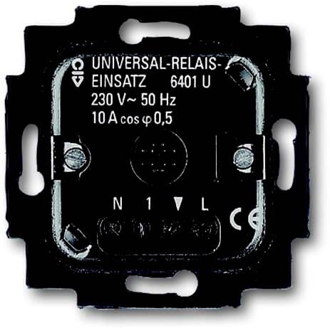 Schwarzes Universal-Relais, Modell 6401 U, 230 V ~ 50 Hz, 10 A, N- und L-Anschlüsse sichtbar, für elektrische Schaltungen geeignet.
