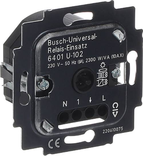 Schwarzes Busch-Jaeger Universal-Relaiseinschubmodul mit der Bezeichnung "Busch-Universal-Relais-Einsatz 6401 U-102" mit Anschlussmarkierungen N, 1 und L.