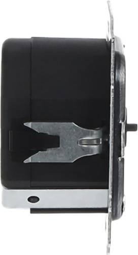 Seitenansicht einer schwarzen, einbaubaren elektronischen Komponente mit einer Metallmontageplatte und einem Federklemmer.