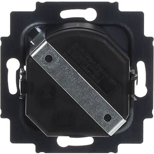 Schwarze quadratische Elektrosteckdosen-Wandplatte mit einem diagonalen Metallmontagebügel in der Mitte.