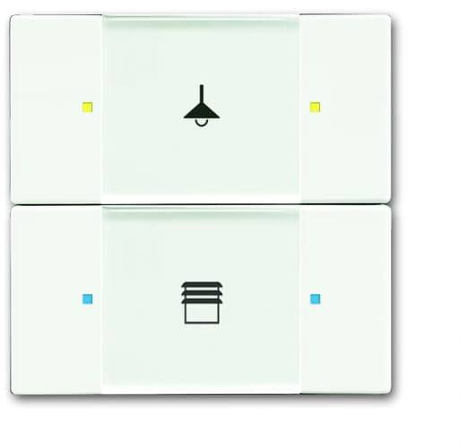 Zwei übereinander liegende Lichtschalter auf weißem Hintergrund. Oberer Schalter zeigt ein Lampensymbol, unterer Schalter hat ein Lüftersymbol.