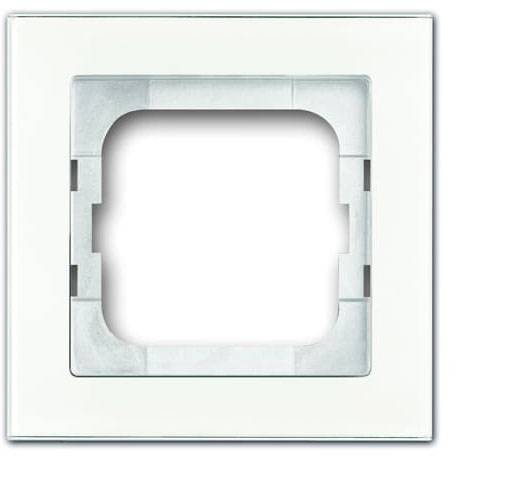 Ein quadratischer, weißer Lichtschalterrahmen ohne zentralen Schalter. Er hat eine glänzende Oberfläche und ist für den Wandeinbau vorgesehen.