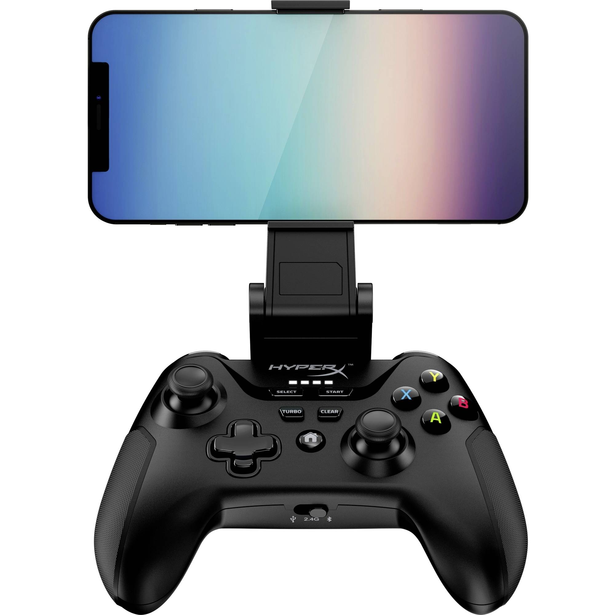 Ein schwarzer Gaming-Controller mit einem Smartphone in der Halterung, Bildschirm zeigt einfarbigen Verlauf.