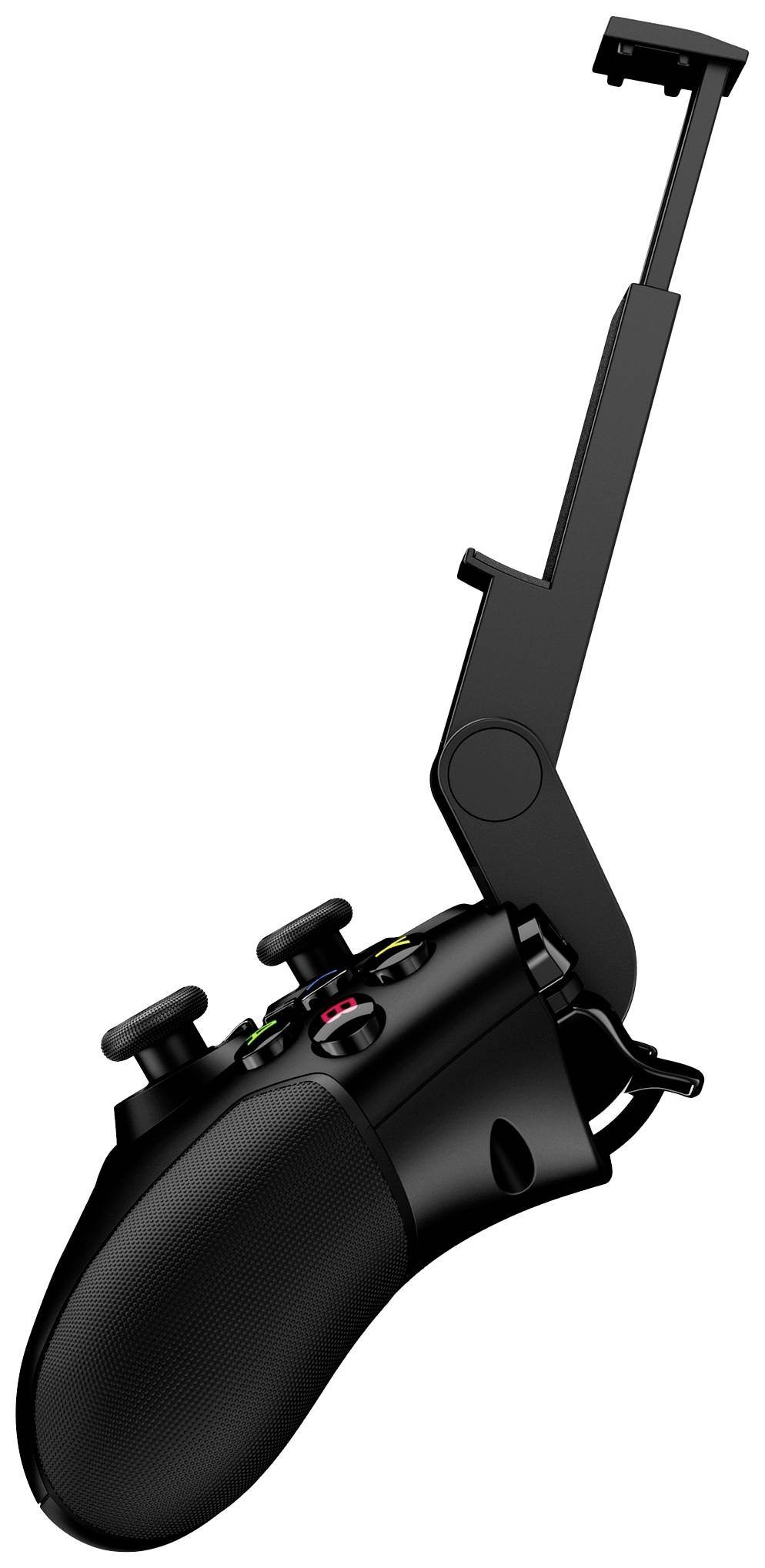 Ein schwarzer Gaming-Controller mit integriertem verstellbarem Smartphone-Halter, geeignet für mobiles Spielen.