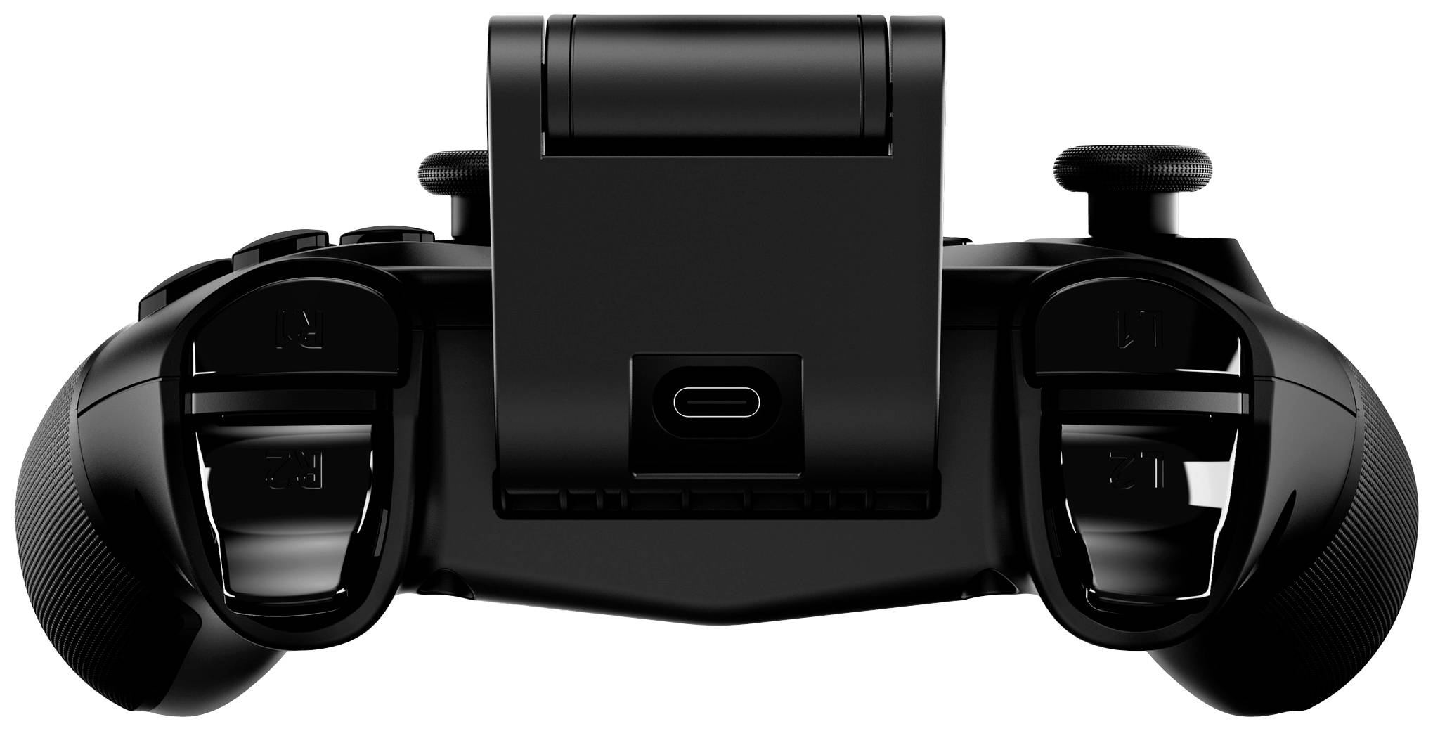 Ein schwarzer Gaming-Controller von hinten mit mehreren Tasten und einem USB-C-Anschluss in der Mitte.