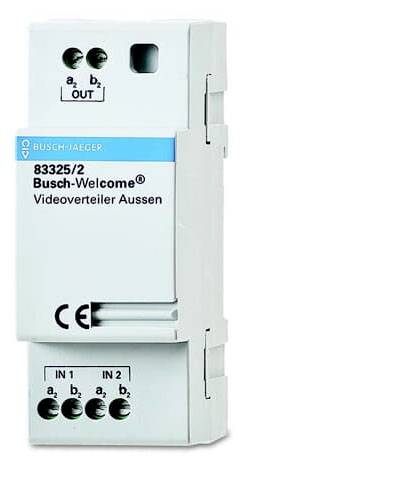'Busch-Welcome® Videoverteiler Außen'; technisches Gerät mit Anschlüssen, Modellnummer '83325/2', von Busch-Jaeger, weiß.