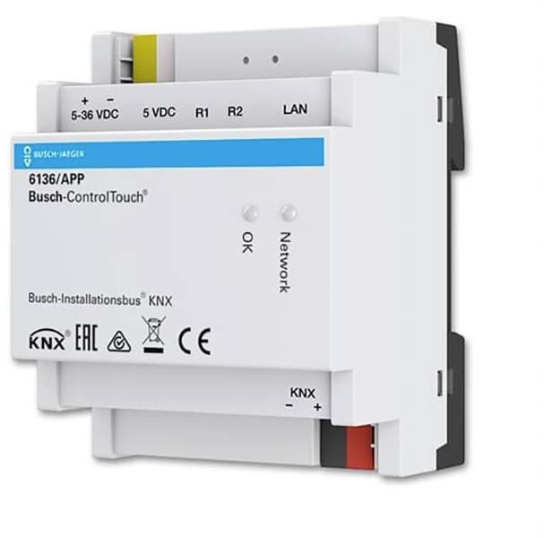 Ein weißes technisches Gerät mit blauen und gelben Details, beschriftet mit 'Busch-ControlTouch', zeigt Anschlüsse für Strom und LAN an.