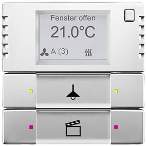 Ein digitales Thermostat zeigt 'Fenster offen' und '21,0°C' an. Symbole für Belüftung, Heizung und drei weitere Funktionen sind sichtbar.