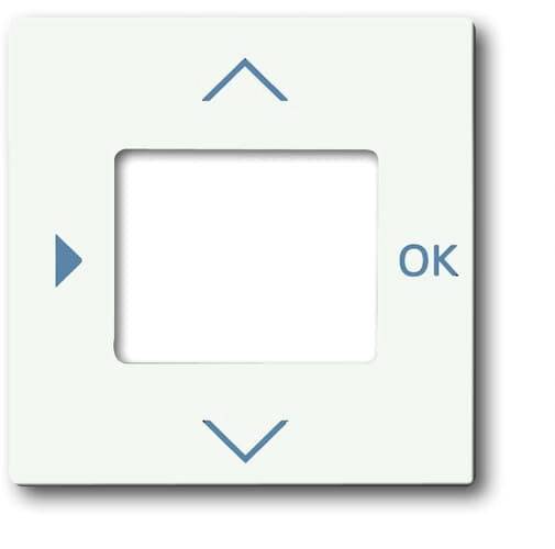 Ein weißes Bedienfeld mit vier blauen Symbolen: Pfeil nach oben, Pfeil nach unten, ein rechts zeigender Pfeil, und 'OK'.