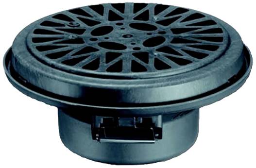 Ein runder, schwarzer Abflussdeckel mit einem gitterartigen Muster zur Wasserableitung.