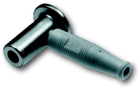 Ein Metallstecker in L-Form mit isoliertem Gummikopf, wahrscheinlich für elektrische Verbindungen oder Laboranwendungen geeignet.