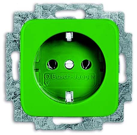 Grüne Steckdose von Busch-Jaeger in Metallrahmen, frontal abgebildet.