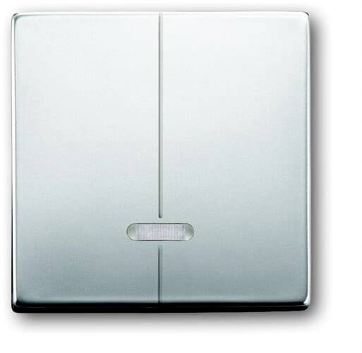 Lichtschalter aus Metall mit zwei Tasten, zentrierte Markierung unten. Schlichtes, modernes Design.