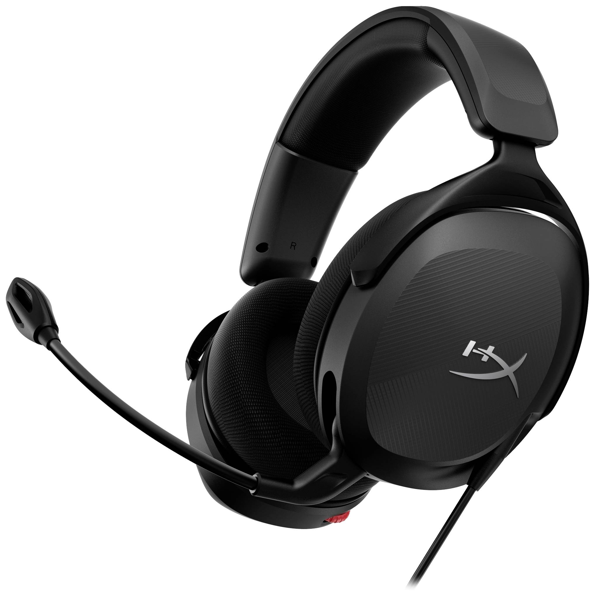 Ein schwarzes Gaming-Headset mit Mikrofonarm, ergonomischen Ohrpolstern und dem HyperX-Logo auf der Ohrmuschel.
