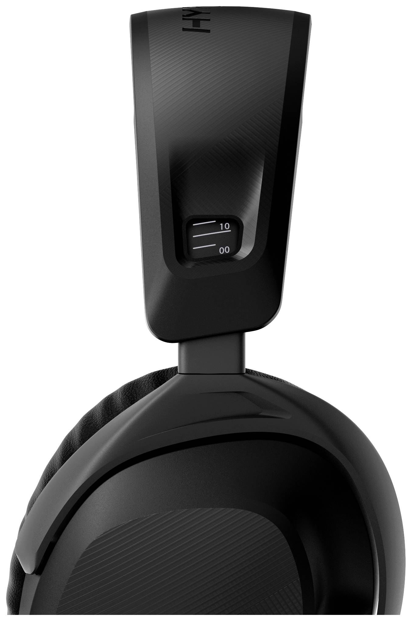 Schwarzer Over-Ear-Kopfhörer, seitlicher Blick auf die Höhenverstellung an der Kopfbandhalterung, Skala von 0 bis 10 sichtbar.