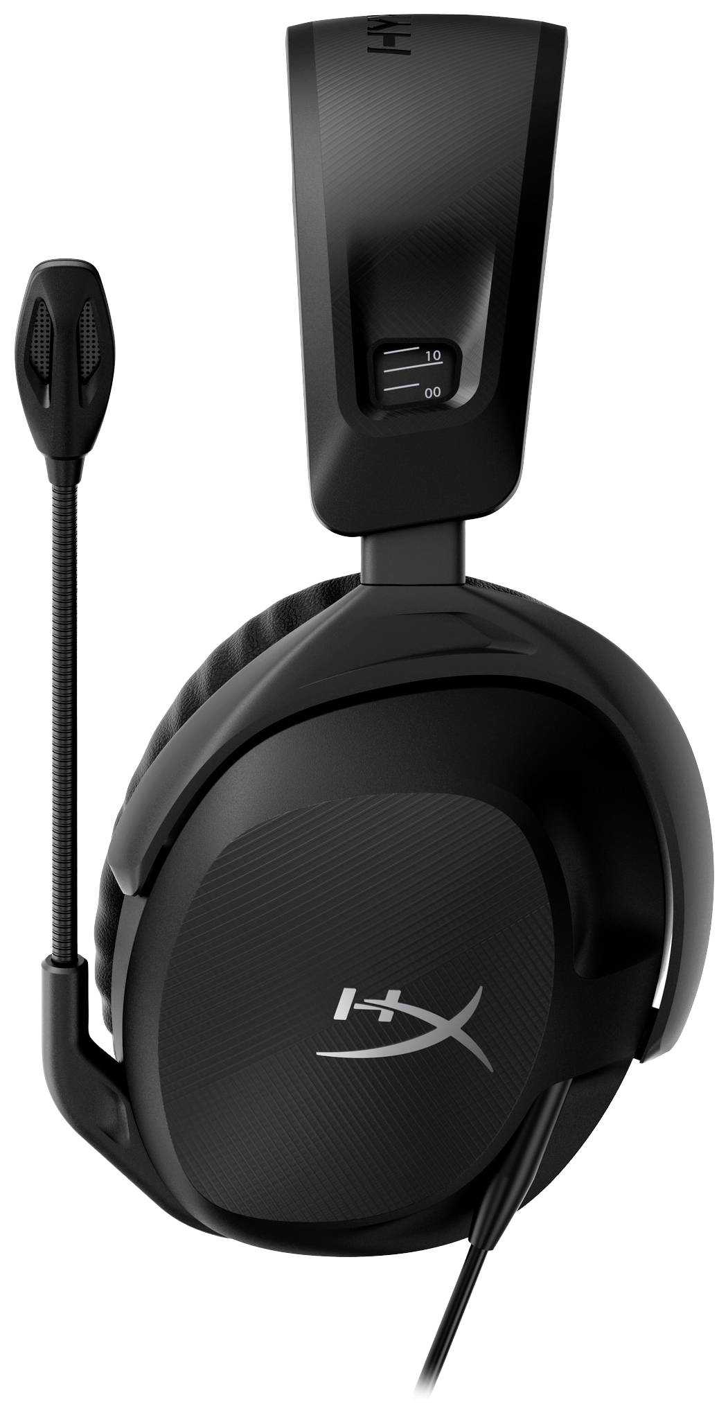 Schwarzes Over-Ear-Headset mit Mikrofonarm, Markenlogo auf der Ohrmuschel sichtbar. Ideal für Gaming und Kommunikation.