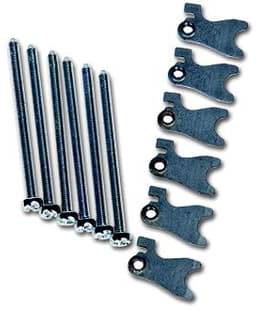 Metallstifte und sechsfingrige Klemmen, vermutlich Teile eines Werkzeugs oder Befestigungssystems, auf weißem Hintergrund.