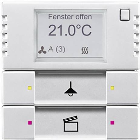 Ein Display zeigt 'Fenster offen' und '21.0°C'. Darunter sind drei Tasten mit Symbolen: Ventilator, Licht, Filmklappe.