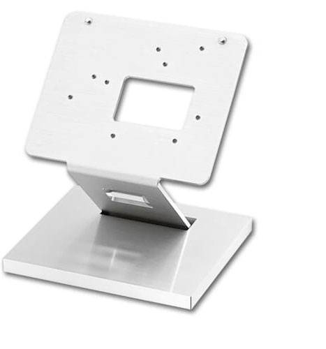 Ein silberner Monitorständer mit rechteckiger Basis und einem verstellbaren Rücken, der Löcher für Montageschrauben aufweist.