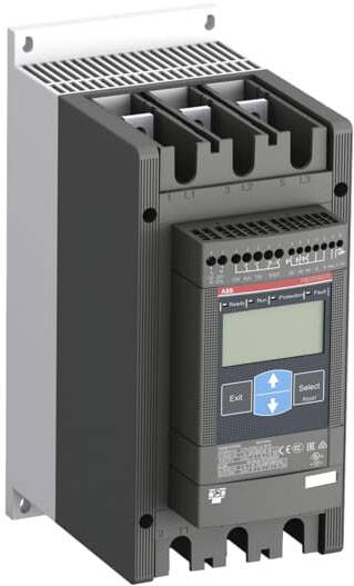 Ein elektronischer Motorschutzschalter mit Display und Bedienfeld, das Optionen 'Exit' und 'Select' anzeigt, für industrielle Anwendungen.