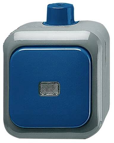 Eine blaue und graue Drucktaster-Türklingel mit quadratischem Design und kleiner Metallgitterfläche in der Mitte.