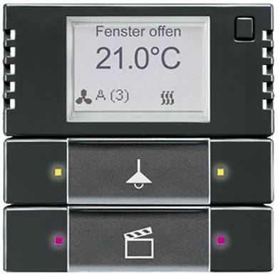 Schwarze Heizungssteuerung mit Display, das 'Fenster offen 21.0°C' zeigt. Symbole für Ventilation und Heizung vorhanden.