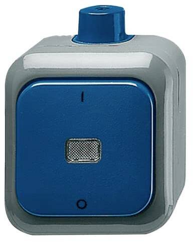 Ein blauer und grauer Schalter in einem Gehäuse mit einem kleinen, quadratischen Knopf in der Mitte, umgeben von einem Rahmen.