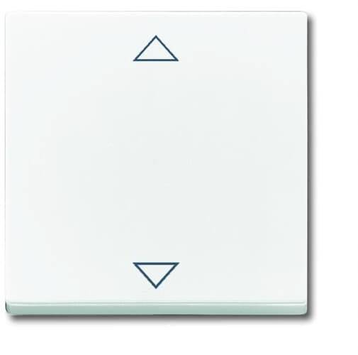 Ein quadratischer Lichtschalter mit zwei dreieckigen Symbolen, die nach oben und unten zeigen, zur Bedienung.<br><br>