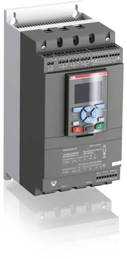 Industrie-Schaltgerät in rechteckigem Gehäuse mit Bedienpanel und mehreren Anschlüssen, montiert auf einer Metallhalterung.