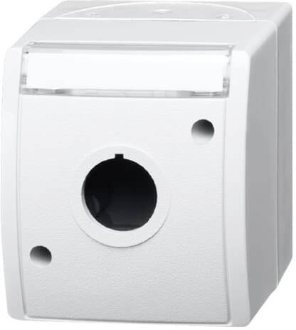 Ein rechteckiges, graues Gehäuse mit einem großen zentralen Loch und zwei kleineren Löchern rechts und links daneben.