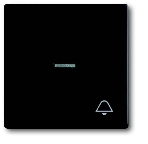Schwarzer Touch-Schalter mit einem kleinen blauen LED-Bereich und einem Glockensymbol unten rechts, geeignet für moderne Klingelsysteme.