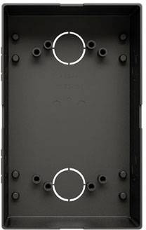 Rechteckige, schwarze Gehäusebox mit mehreren runden Befestigungspunkten, zwei größere Öffnungen an den Enden.