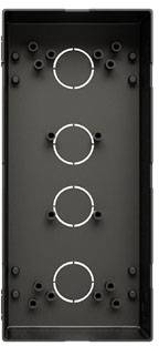Schwarze Montageplatte mit drei runden Öffnungen, die für elektrische Boxen verwendet werden können, mit mehreren Befestigungspunkten.