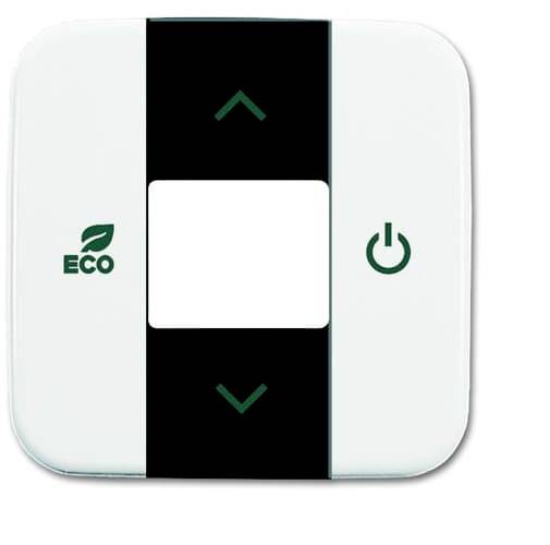 Ein weißer Thermostat mit schwarzem Band in der Mitte. Links ein 'ECO'-Symbol mit Blatt. Rechts ein Ein-/Ausschaltknopf.