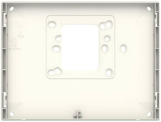 Weiße, rechteckige Plastikhalterung mit mehreren Löchern und Aussparungen in der Mitte, vermutlich für technische oder elektrische Anwendungen.