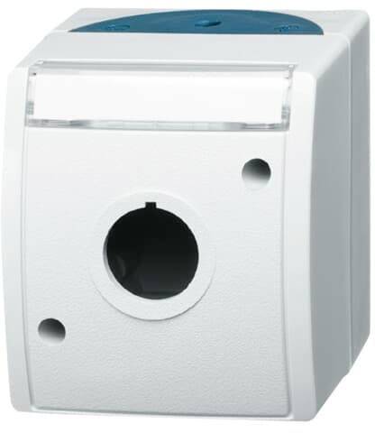 Weiße quadratische Steckdosenabdeckung mit rundem Loch in der Mitte und blauer Oberseite.