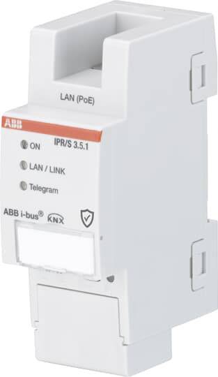 Ein ABB i-bus KNX IP-Router IPR/S 3.5.1, zeigt Status-LEDs für 'ON', 'LAN/LINK' und 'Telegram', geeignet für LAN (PoE).